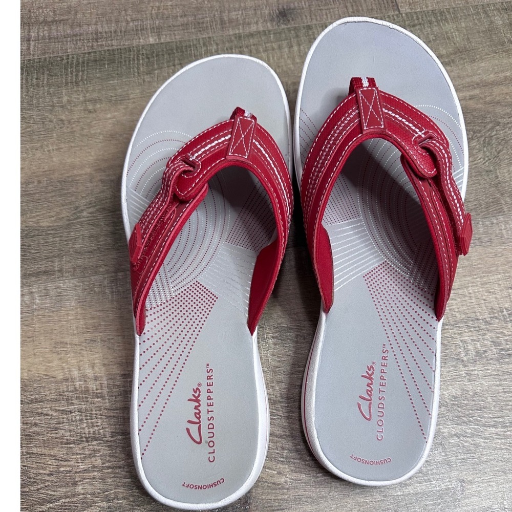 Clarks Cloudsteppers Arla Glison Red Grey Thong Flip Flop Sandals Women Size 9M